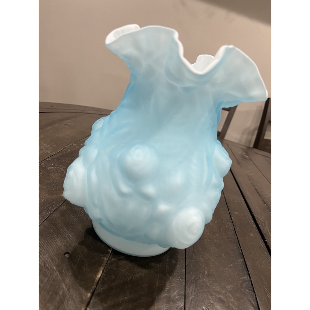 FENTON for LG Wright WILD ROSE Blue Satin Glass PUFFY Cabbage‎ ROSES Vase 8 1/2"